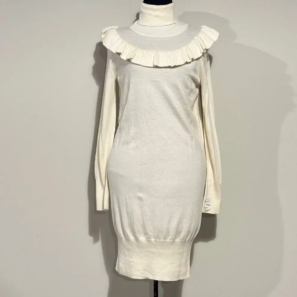 Leith NWT Womens Dress Ivory Long Sleeve Knit Turtleneck Ruffle Yoke XS SoftGirl